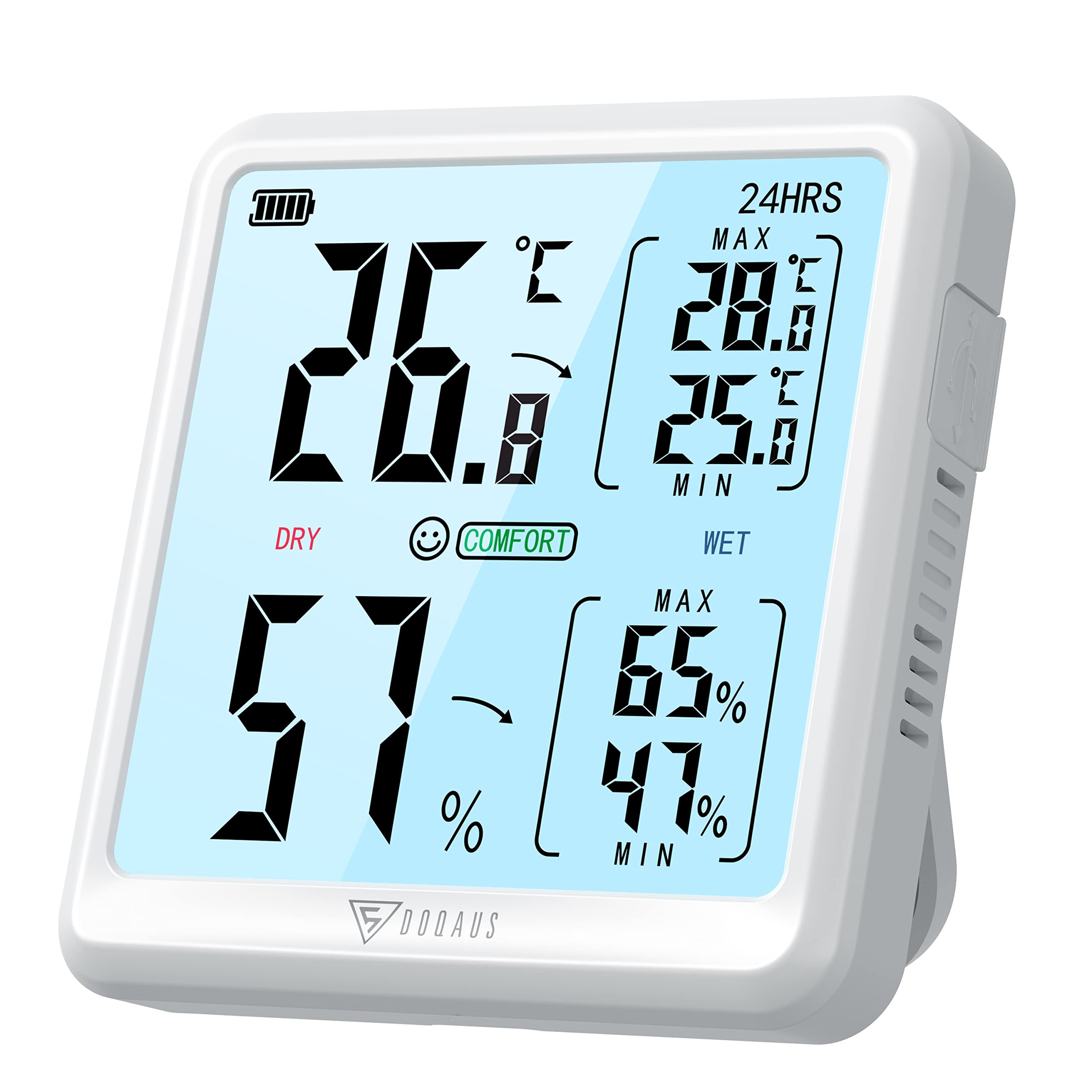 Exclusif DOQAUS Thermometre Interieur 3s Actualiser Hygromètre Interieur, avec rétroéclairage tactile, Max/Min enregistrement, humidimètre rechargeable, pour Moniteur température et humidité Greenhouse Office WHgTKDoKe grand